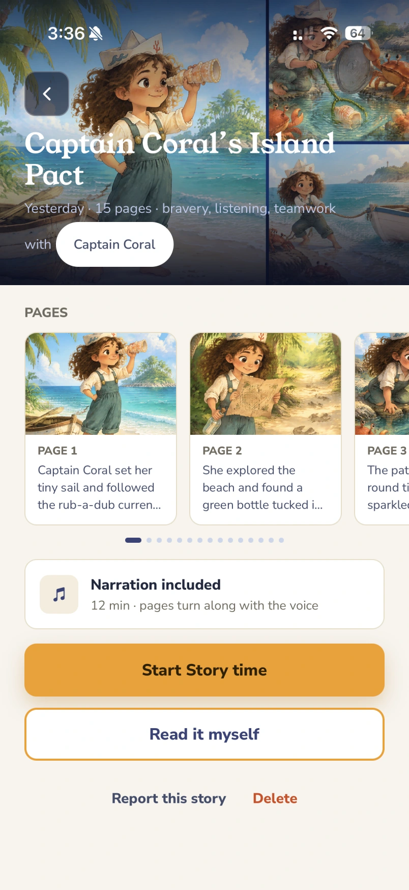 Captain Coral’s Island Pact in FableDoor, showing illustrated story pages, narration included, and choices to start Story time or read it yourself.