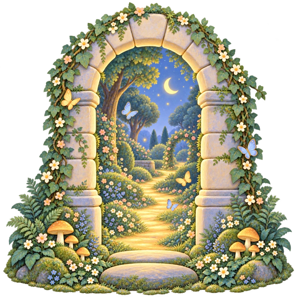 A welcoming cream-stone doorway with flowers and little butterflies, opening onto a golden path through a moonlit garden.